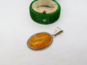 Sterling Silver Cabochon Baltic Amber Drop Pendant Vintage c1970