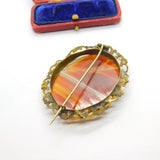 Large Victorian Rolled Gold Floral Framed Red Banded Agate Brooch Antique c1860