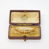 Victorian Boxed 18ct Gold Graduating Seed Pearl Crescent Brooch Antique c1880s