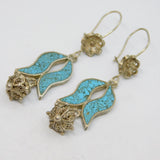 Pair Navajo Sterling Silver Turquoise Floral Studio Drop Earrings Vintage c1970