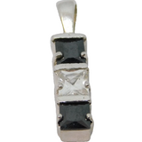 Sterling Silver Black & Clear Paste Squares Set Stick Pendant Vintage c1970