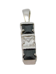 Sterling Silver Black & Clear Paste Squares Set Stick Pendant Vintage c1970