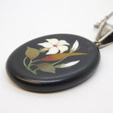 19th Century Sterling Silver Pietra Dura Lily Flower Pendant Necklace Antique