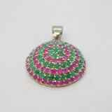 Sterling Silver, Emerald & Ruby Circular Drop Pendant Vintage c1990s