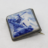 Sterling Silver Mounted Delft Ceramic Dutch Brooch Antique c1930 Art Deco