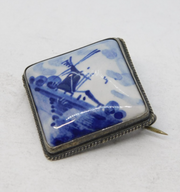 Sterling Silver Mounted Delft Ceramic Dutch Brooch Antique c1930 Art Deco
