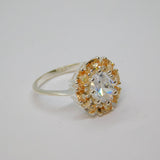 Sterling Silver Peach & White Topaz Cluster Dress Ring Vintage c1970 Size P