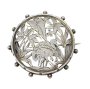 Victorian Sterling Silver Aesthetic Stork Floral Brooch Antique 1879 Birmingham