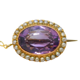 Victorian 9ct Gold, Faceted Amethyst & Seed Pearl Button Brooch Antique