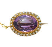 Victorian 9ct Gold, Faceted Amethyst & Seed Pearl Button Brooch Antique