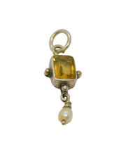 Sterling Silver  Citrine & Freshwater Pearl Drop Charm Pendant Vintage c1970