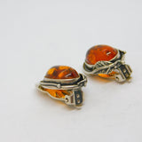 Pair of Sterling Silver Oval Baltic Amber Clip-On Earrings Vintage c1970