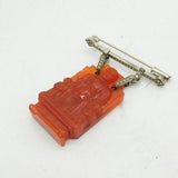 Art Deco Sterling Silver, Marcasite & Carved Red Hardstone Buddha Brooch Antique