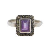 Sterling Silver, Amethyst & Marcasite Set Dress Ring Antique c1930s Art Deco