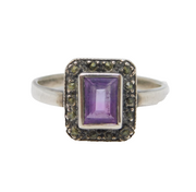 Sterling Silver, Amethyst & Marcasite Set Dress Ring Antique c1930s Art Deco