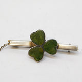Victorian Sterling Silver Connemara Marble Lucky Shamrock Brooch Antique