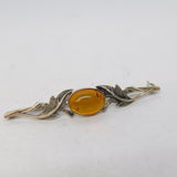 Sterling Silver Leaf Form Cabochon Cut Amber Brooch Pin Vintage c1970
