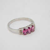 Sterling Silver 3 Pink Topaz & Diamond Deco Style Ring Vintage c1970 Size M 1/2