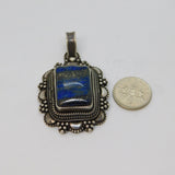 Sterling Silver Rectangular Lapis Lazuli Set Patterned Pendant Vintage c1970