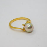 Gold On Sterling Silver Pearl Solitaire Studio Dress Ring Modern c1990 Size K