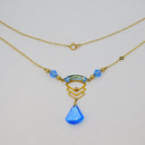 15ct Yellow Gold, Blue Glass & Pearl Lavalier Drop Necklace Antique c1930 Deco