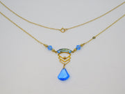 15ct Yellow Gold, Blue Glass & Pearl Lavalier Drop Necklace Antique c1930 Deco