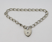 Sterling Silver Curb Link Charm Bracelet Heart Clasp Vintage c1970
