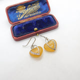 Sterling Silver, Paste & Heart Shaped Amber Resin Hook Earrings Vintage c1990