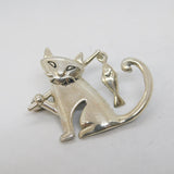Sterling Silver Cat with Fish on Rod Brooch Pin Vintage c1990