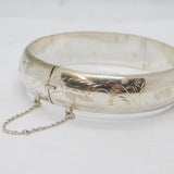 Sterling Silver Etched Floral Pattern Hinged Bangle Bracelet Vintage c1970's