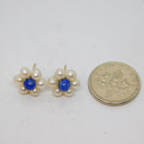 Pair of Sterling Silver Pearly & Blue Bead Flower Stud Earrings Vintage c1990