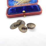 9ct Gold on Sterling Silver Oval Form Engine Turned Cufflinks Antique c1930