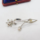 Modernist Sterling Silver Pearl Set Floral Brooch Pin Antique c1970