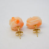 Chinese Yellow Metal Carved Angel Skin Coral Floral Stud Earrings Antique