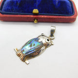 Sterling Silver & Abalone Set Perched Owl Pendant Vintage c1970