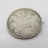 Queen Victoria Sterling Silver One Rupee Indian Coin Brooch Pin Antique 1890