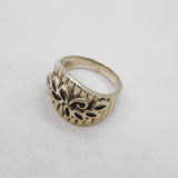 Sterling Silver Black Enamel Leaf Pattern Wavy Band Ring Modern c1990 Size M
