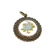 Sterling Silver Painted Porcelain Round Charm Or Pendant Vintage c1970s