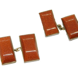 Pair Of Sterling Silver Goldstone Rectangle Chain Link Cufflinks Vintage c1990