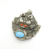 20th Century Indian White Metal, Turquoise & Coral Dragon Pendant Antique