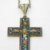 Victorian Sterling Silver Floral Micro-Mosaic Cross Necklace Antique c1860