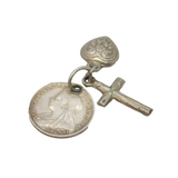 Victorian Sterling Silver Threepence, Cross & Heart Charm Pendant Antique 1898