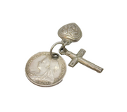 Victorian Sterling Silver Threepence, Cross & Heart Charm Pendant Antique 1898