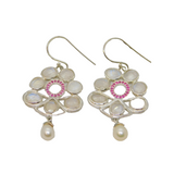 Pair of Sterling Silver Moonstone, Ruby & Pearl Hook Drop Earrings Modern c1990