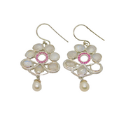 Pair of Sterling Silver Moonstone, Ruby & Pearl Hook Drop Earrings Modern c1990