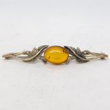 Sterling Silver Leaf Form Cabochon Cut Amber Brooch Pin Vintage c1970