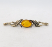 Sterling Silver Leaf Form Cabochon Cut Amber Brooch Pin Vintage c1970