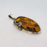 Large Sterling Silver & Baltic Amber Floral Drop Pendant Vintage c1970s