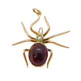 Victorian 9ct Gold, Cabochon Garnet & Pearl Spider Pendant Antique c1880s