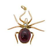 Victorian 9ct Gold, Cabochon Garnet & Pearl Spider Pendant Antique c1880s